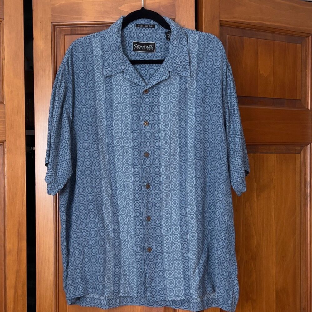 Ocean Pacific Menswear XL 100% Washable Silk Short Sleeve Button Down Shirt Blue